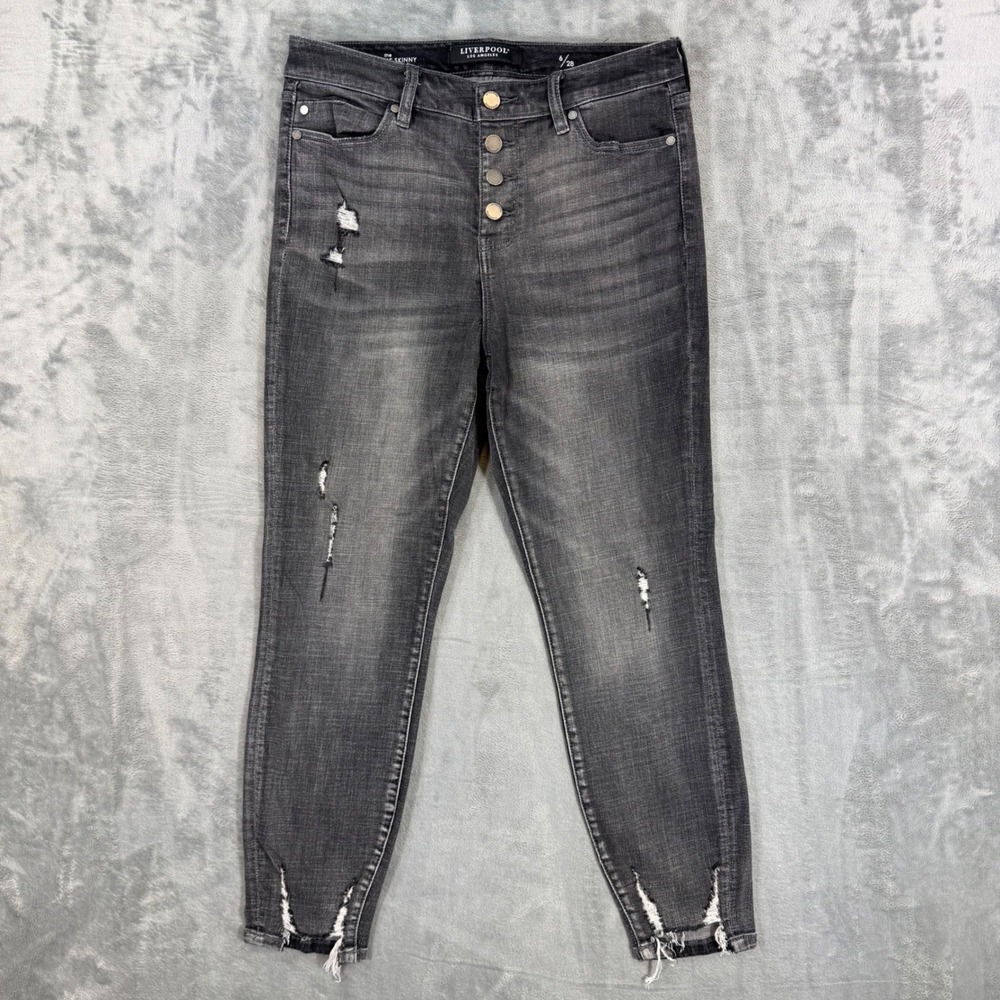 Liverpool High Rise Skinny‎ Jeans Women's 6/28 Gray Distressed Button Fly Pants